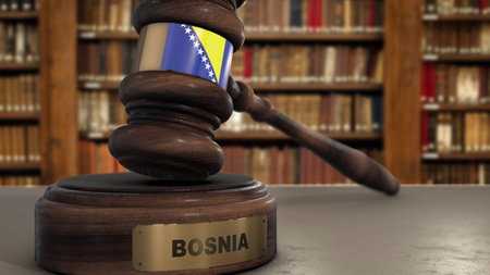 Bosnia and Herzegovina Flag on Judge Gavel or Hammer in Court with Country Name. Legal System 3D Illustration.の写真素材
