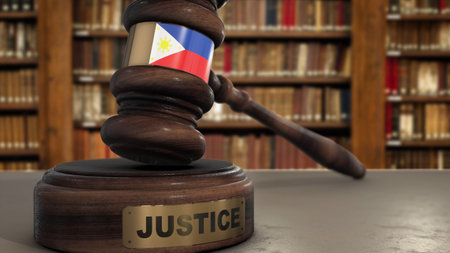 Philippines Flag on Judge Hammer in Court with Word Justice. Justice System 3D Illustration.の写真素材