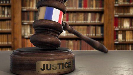 France Flag on Judge Hammer in Court with Word Justice. Justice System 3D Illustration.の写真素材