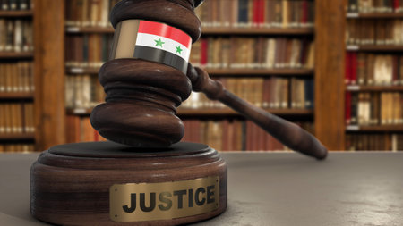 Syria Flag on Judge Hammer in Court with Word Justice. Justice System 3D Illustration.の写真素材