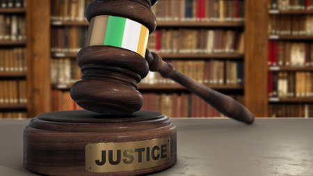 Ireland Flag on Judge Hammer in Court with Word Justice. Justice System 3D Illustration.の写真素材