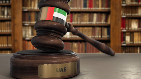 UAE Flag on Judge Gavel or Hammer in Court with Country Name. Legal System 3D Illustration.の写真素材