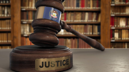 Utah State Flag on Judge Hammer in Court with Word Justice. Justice System 3D Illustration.