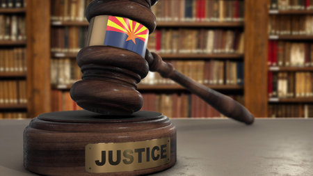 Arizona State Flag on Judge Hammer in Court with Word Justice. Justice System 3D Illustration.