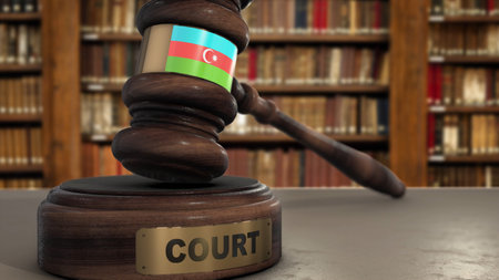 Azerbaijan Flag on Judge Gavel or Hammer in Court with Word Court 3D Illustration.の写真素材