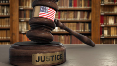USA Flag on Judge Hammer in Court with Word Justice. Justice System 3D Illustration.