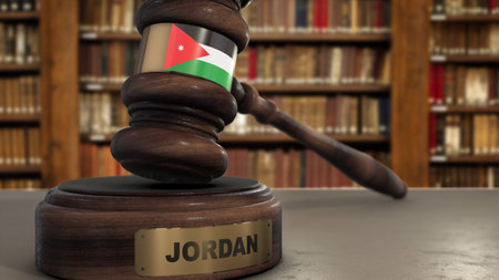 Jordan Flag on Judge Gavel or Hammer in Court with Country Name. Legal System 3D Illustration.の写真素材