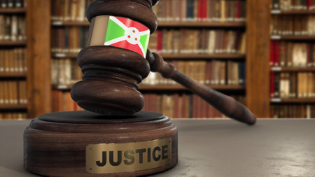 Burundi Flag on Judge Hammer in Court with Word Justice. Justice System 3D Illustration.の写真素材