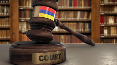 Armenia Flag on Judge Gavel or Hammer in Court with Word Court 3D Illustration.の写真素材