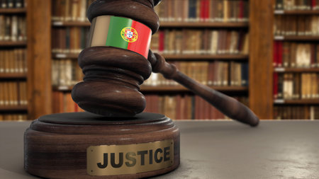 Portugal Flag on Judge Hammer in Court with Word Justice. Justice System 3D Illustration.の写真素材