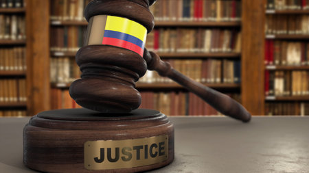 Colombia Flag on Judge Hammer in Court with Word Justice. Justice System 3D Illustration.の写真素材