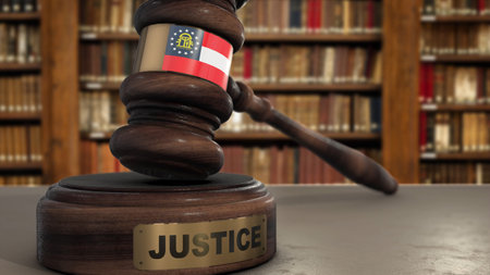Georgia State Flag on Judge Hammer in Court with Word Justice. Justice System 3D Illustration.の写真素材