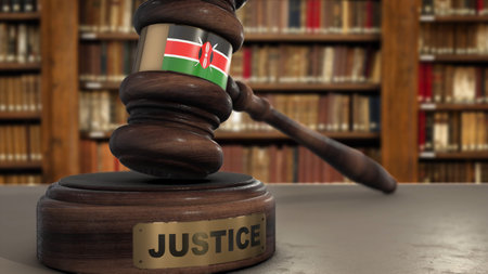 Kenya Flag on Judge Hammer in Court with Word Justice. Justice System 3D Illustration.の写真素材