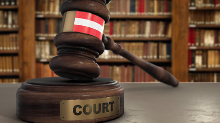 Austria Flag on Judge Gavel or Hammer in Court with Word Court 3D Illustration.