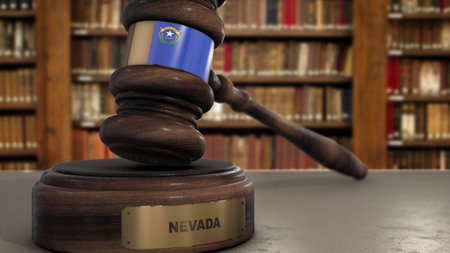 Nevada Flag on Judge Gavel or Hammer in Court with State Name. Legal System 3D Illustration.の写真素材