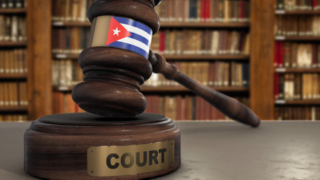 Cuba Flag on Judge Gavel or Hammer in Court with Word Court 3D Illustration.の写真素材