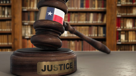 Texas Flag on Judge Hammer in Court with Word Justice. Justice System 3D Illustration.の写真素材