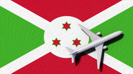Burundi National Flag And Airplane Fly. Aircraft Flies To Country. Flight And Travel 3D Illustration.の写真素材