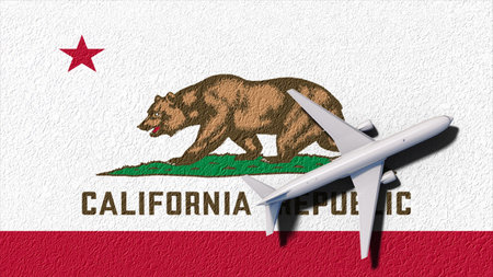 California State Flag And Airplane Fly. Flight And Travel 3D Illustration.の写真素材