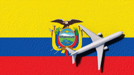 Ecuador National Flag And Airplane Fly. Aircraft Flies To Country. Flight And Travel 3D Illustration.の写真素材