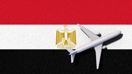 Egypt National Flag And Airplane Fly. Aircraft Flies To Country. Flight And Travel 3D Illustration.の写真素材