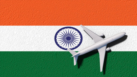India National Flag And Airplane Fly. Aircraft Flies To Country. Flight And Travel 3D Illustration.の写真素材