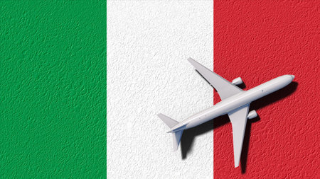 Italy National Flag And Airplane Fly. Aircraft Flies To Country. Flight And Travel 3D Illustration.の写真素材