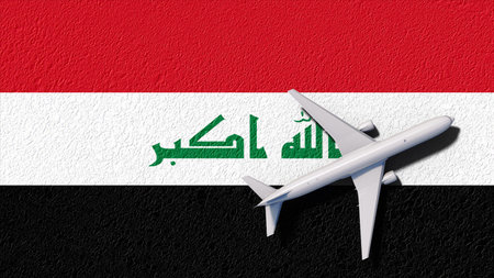 Iraq National Flag And Airplane Fly. Aircraft Flies To Country. Flight And Travel 3D Illustration.の写真素材