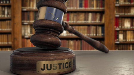 Alaska Flag on Judge Hammer in Court with Word Justice. Justice System 3D Illustration.の写真素材