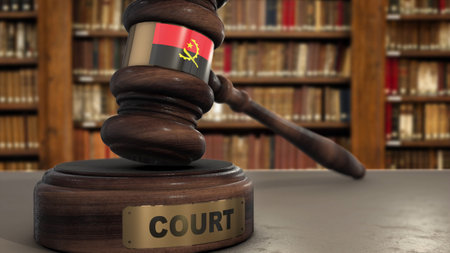 Angola Flag on Judge Gavel or Hammer in Court with Word Court 3D Illustration.の写真素材