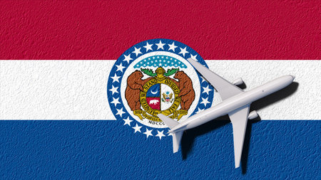 Missouri State Flag And Airplane Fly. Flight And Travel 3D Illustration.の写真素材