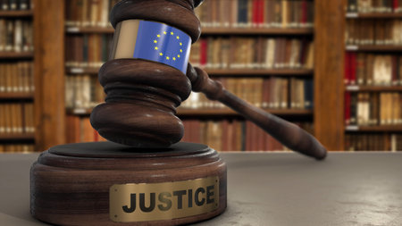 European Union Flag on Judge Hammer in Court with Word Justice. Justice System 3D Illustration.の写真素材