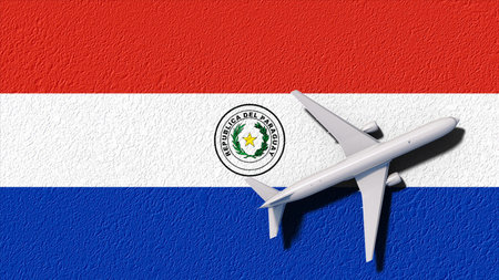 Paraguay National Flag And Airplane Fly. Aircraft Flies To Country. Flight And Travel 3D Illustration.の写真素材