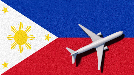 Philippines National Flag And Airplane Fly. Aircraft Flies To Country. Flight And Travel 3D Illustration.の写真素材