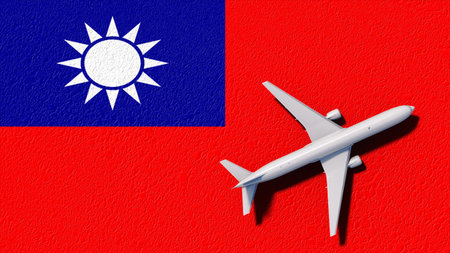 Taiwan National Flag And Airplane Fly. Aircraft Flies To Country. Flight And Travel 3D Illustration.の写真素材