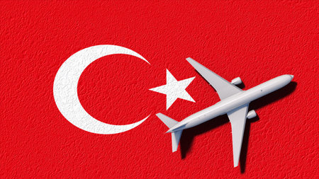 Turkey National Flag And Airplane Fly. Aircraft Flies To Country. Flight And Travel 3D Illustration.の写真素材