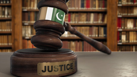 Pakistan Flag on Judge Hammer in Court with Word Justice. Justice System 3D Illustration.の写真素材