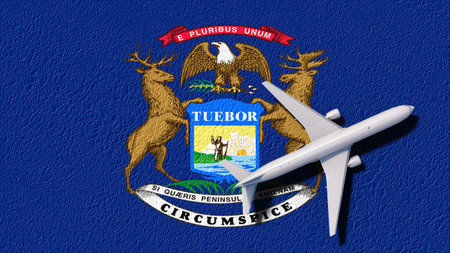 Michigan State Flag And Airplane Fly. Flight And Travel 3D Illustration.の写真素材