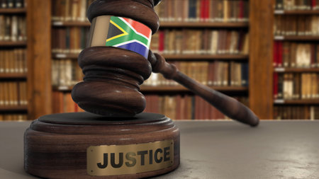 South Africa Flag on Judge Hammer in Court with Word Justice. Justice System 3D Illustration.の写真素材