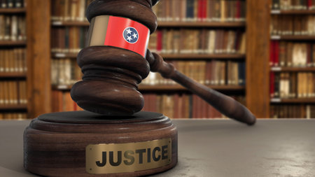 Tennessee Flag on Judge Hammer in Court with Word Justice. Justice System 3D Illustration.の写真素材