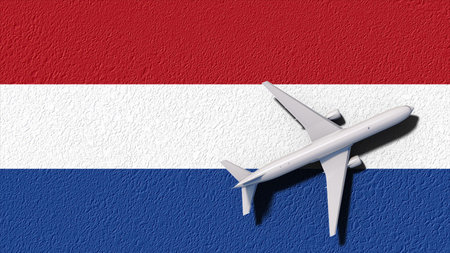 Netherlands National Flag And Airplane Fly. Aircraft Flies To Country. Flight And Travel 3D Illustration.の写真素材