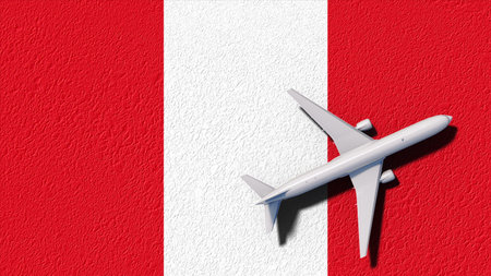 Peru National Flag And Airplane Fly. Aircraft Flies To Country. Flight And Travel 3D Illustration.の写真素材