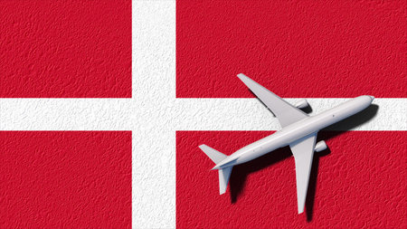 Denmark National Flag And Airplane Fly. Aircraft Flies To Country. Flight And Travel 3D Illustration.の写真素材