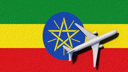 Ethiopia National Flag And Airplane Fly. Aircraft Flies To Country. Flight And Travel 3D Illustration.の写真素材
