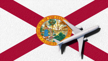 Florida State Flag And Airplane Fly. Flight And Travel 3D Illustration.の写真素材