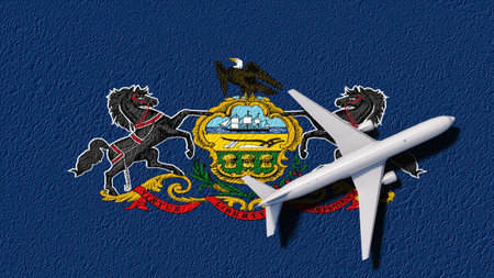 Pennsylvania State Flag And Airplane Fly. Flight And Travel 3D Illustration.の写真素材
