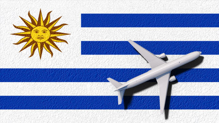 Uruguay National Flag And Airplane Fly. Aircraft Flies To Country. Flight And Travel 3D Illustration.の写真素材