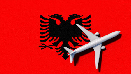 Albania National Flag And Airplane Fly. Aircraft Flies To Country. Flight And Travel 3D Illustration.の写真素材