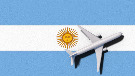 Argentina National Flag And Airplane Fly. Aircraft Flies To Country. Flight And Travel 3D Illustration.の写真素材