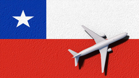 Chile National Flag And Airplane Fly. Aircraft Flies To Country. Flight And Travel 3D Illustration.の写真素材